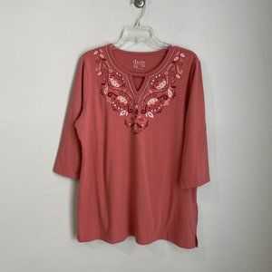 Denim & Co Round Neck 3/4 Sleeve Tunic with Neck Detail Desert Coral